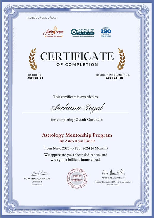 Certification of completion Advance Numerology Mentorship