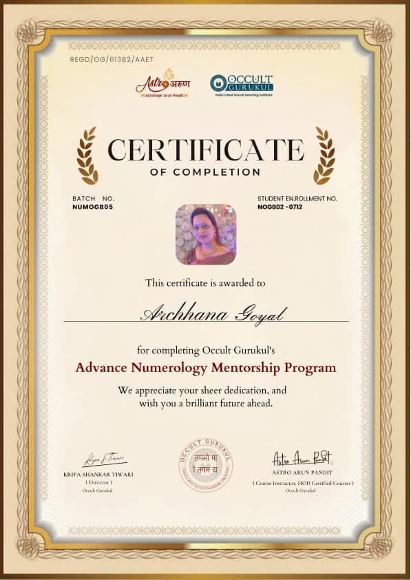 Certification of completion Advance Numerology Mentorship
